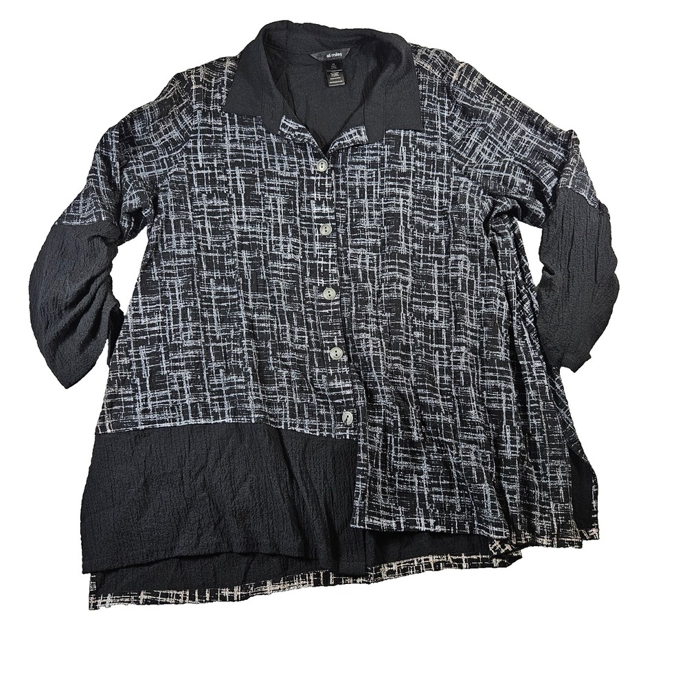 Ali Miles Textured Grid Button Lagenlook Artsy Tunic Top Plus 1X Ruched Sleeve